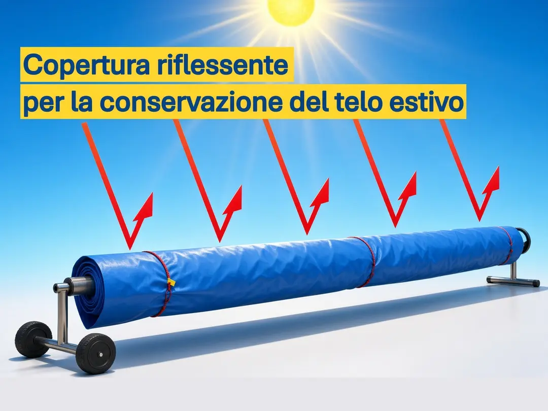 Illustration: reflective cover held by elastic cords over the rolled-up summer cover on a wheeled roller